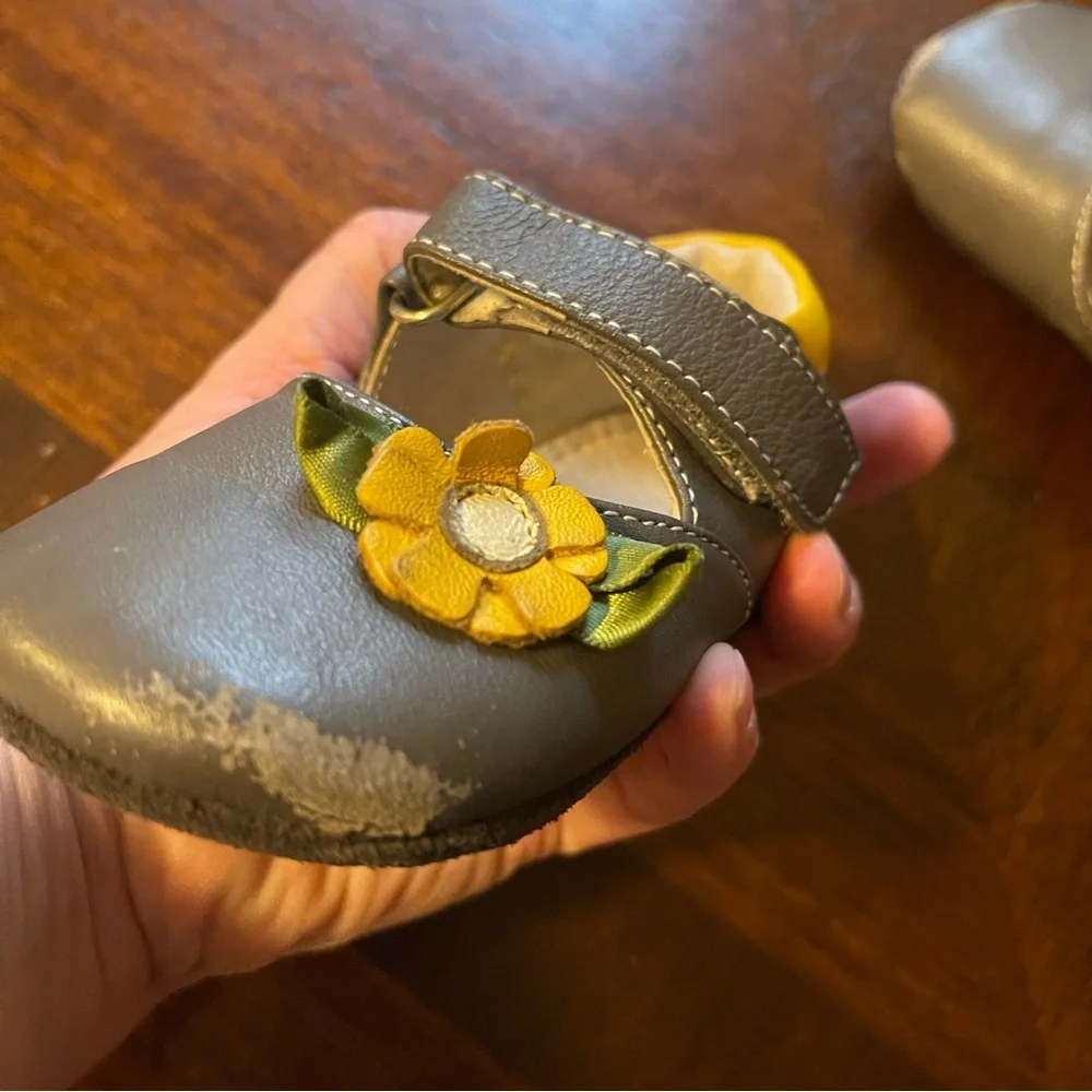 Gray Baby Shoes with Yellow Flower Accent